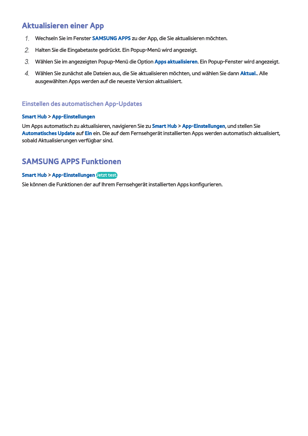 Samsung UE40J5250SSXZG manual Aktualisieren einer App, SAMSUNG APPS Funktionen, Einstellen des automatischen App-Updates 