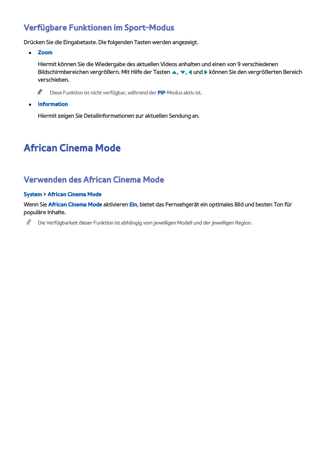 Samsung UE58J5200AWXXH Verfügbare Funktionen im Sport-Modus, Verwenden des African Cinema Mode, Zoom, Information 
