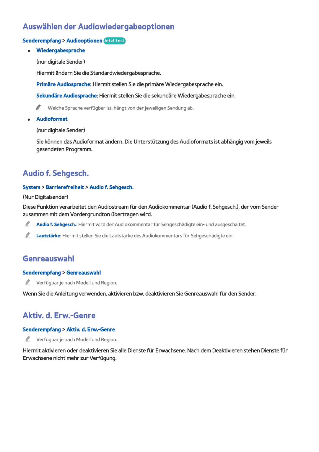 Samsung UE55J6150ASXZG manual Auswählen der Audiowiedergabeoptionen, Audio f. Sehgesch, Genreauswahl, Aktiv. d. Erw.-Genre 