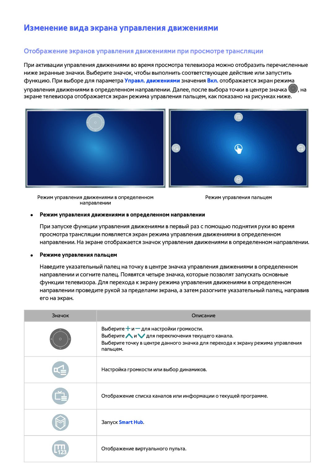 Samsung UE40J6590AUXRU, UE40J6250SUXZG, UE60J6250SUXZG manual Изменение вида экрана управления движениями, Запуск Smart Hub 