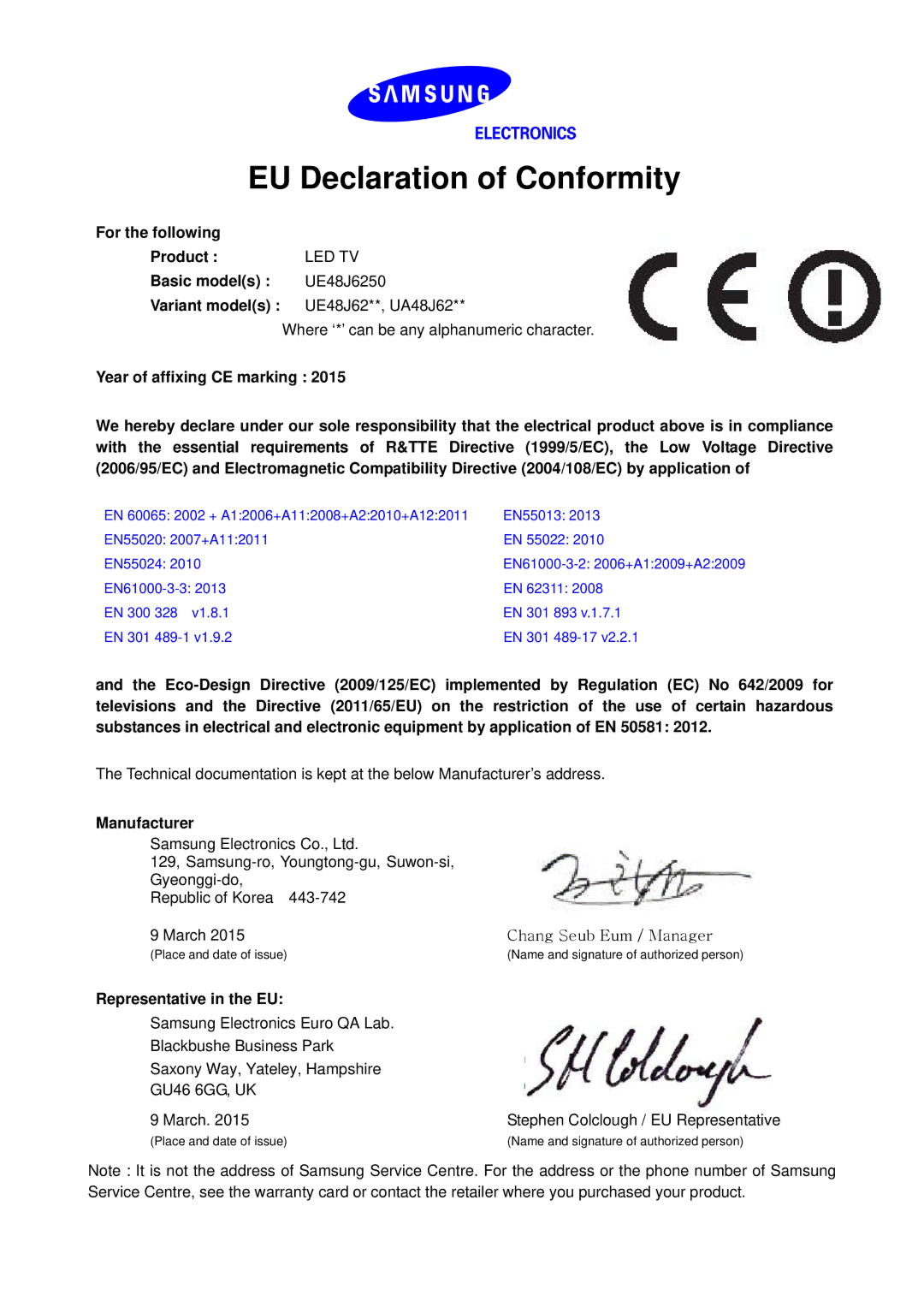 Samsung UE60J6250SUXZG, UE40J6250SUXZG, UE50J6250SUXZG, UE55J6250SUXZG manual EU Declaration of Conformity, Led Tv 