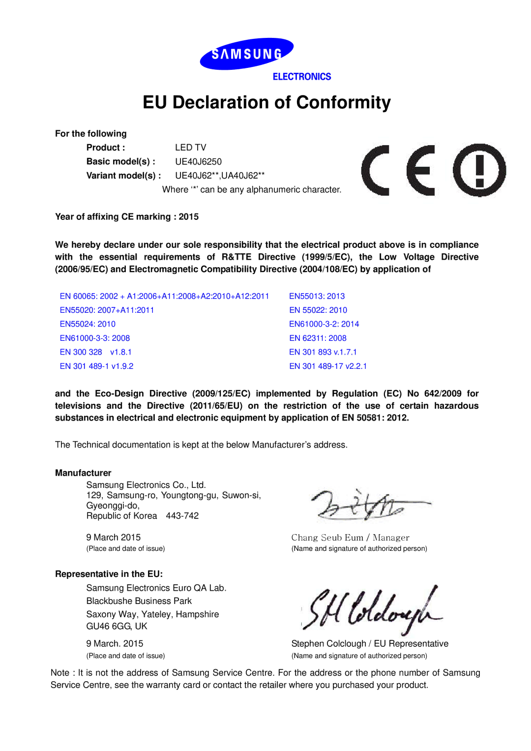 Samsung UE60J6250SUXZG, UE40J6250SUXZG, UE50J6250SUXZG, UE55J6250SUXZG manual EU Declaration of Conformity, Led Tv 