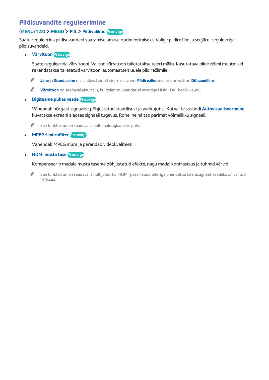 Samsung UE55J6202AKXXH, UE40J6250SUXZG, UE60J6250SUXZG, UE50J6250SUXZG, UE55J6250SUXZG manual Pildisuvandite reguleerimine 