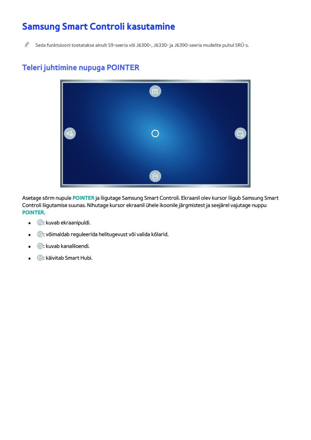 Samsung UE48J6350SUXZG, UE40J6250SUXZG, UE60J6250SUXZG Samsung Smart Controli kasutamine, Teleri juhtimine nupuga Pointer 