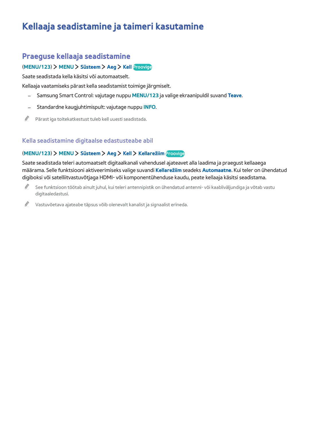 Samsung UE40J6250SUXZG, UE60J6250SUXZG manual Kellaaja seadistamine ja taimeri kasutamine, Praeguse kellaaja seadistamine 