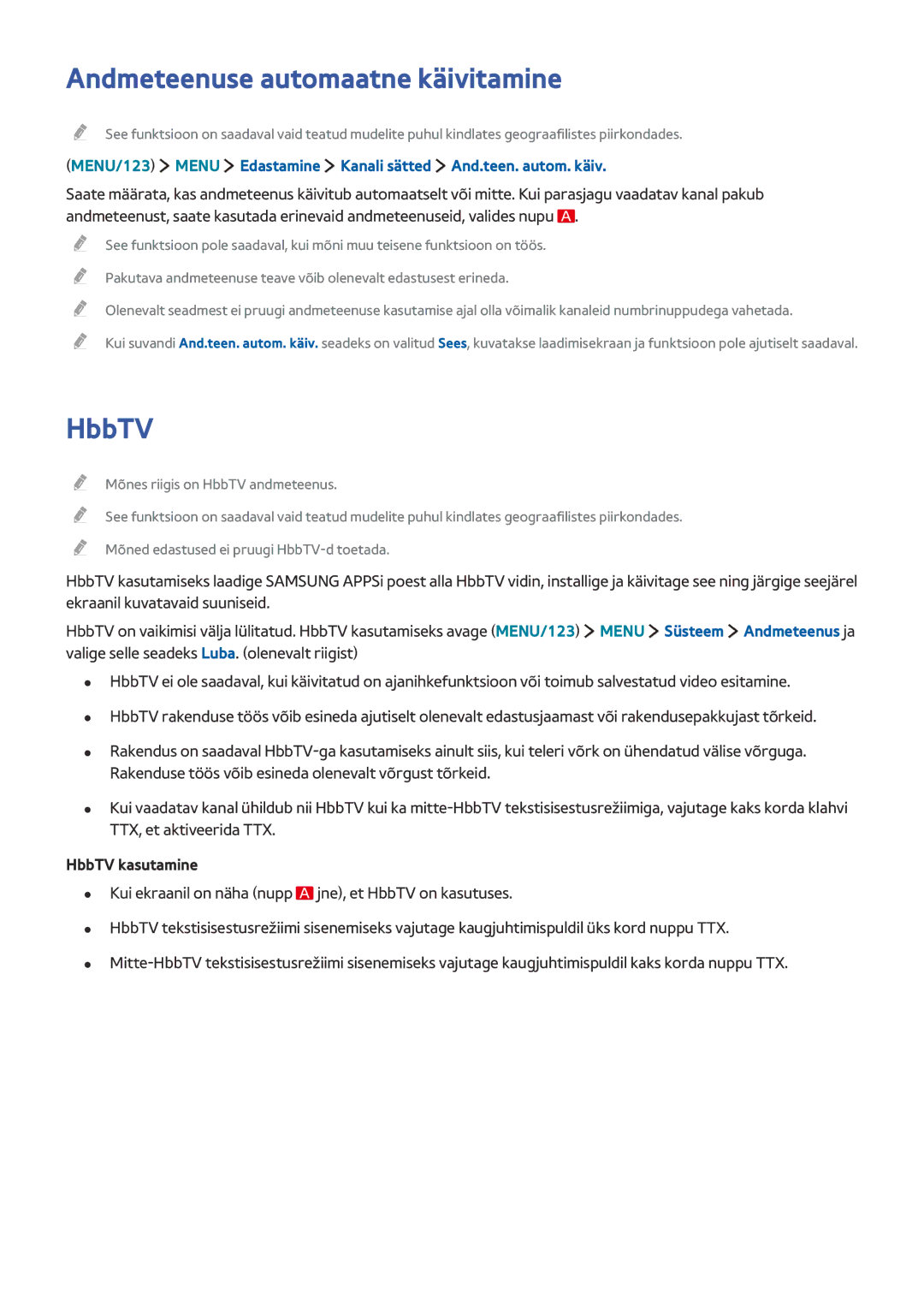 Samsung UE48J5502AKXXH, UE40J6250SUXZG, UE60J6250SUXZG, UE50J6250SUXZG manual Andmeteenuse automaatne käivitamine, HbbTV 