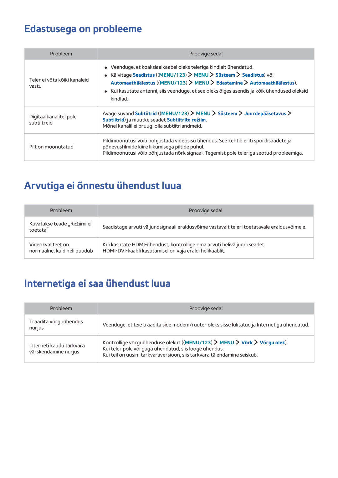 Samsung UE48J5512AKXXH manual Edastusega on probleeme, Arvutiga ei õnnestu ühendust luua, Internetiga ei saa ühendust luua 