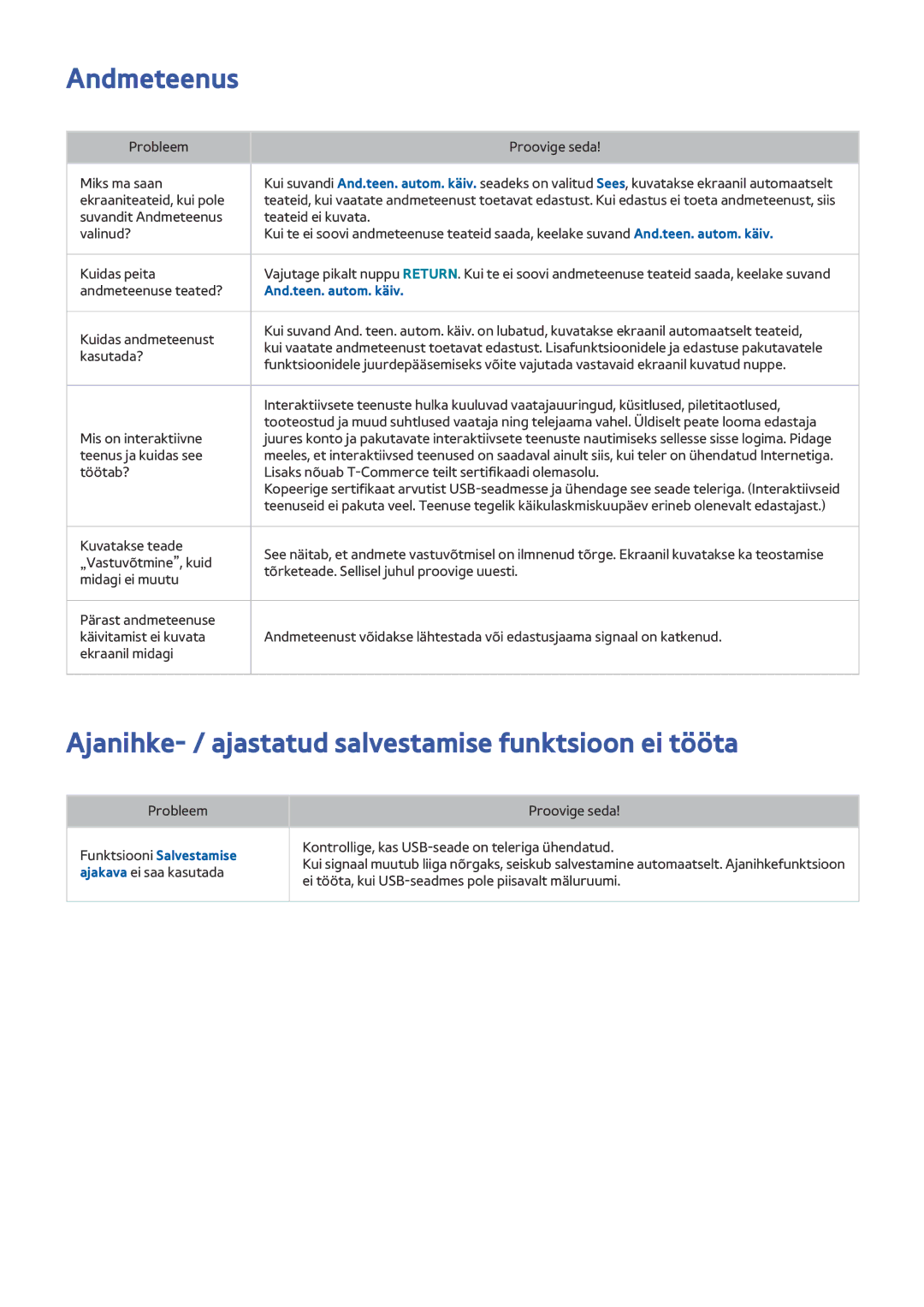 Samsung UE40J5512AKXXH manual Andmeteenus, Ajanihke- / ajastatud salvestamise funktsioon ei tööta, And.teen. autom. käiv 