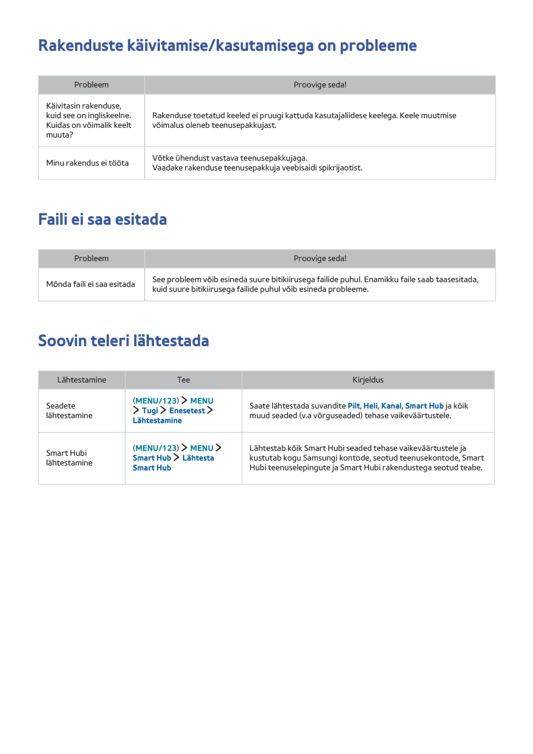 Samsung UE50J6282SUXXH Rakenduste käivitamise/kasutamisega on probleeme, Faili ei saa esitada, Soovin teleri lähtestada 