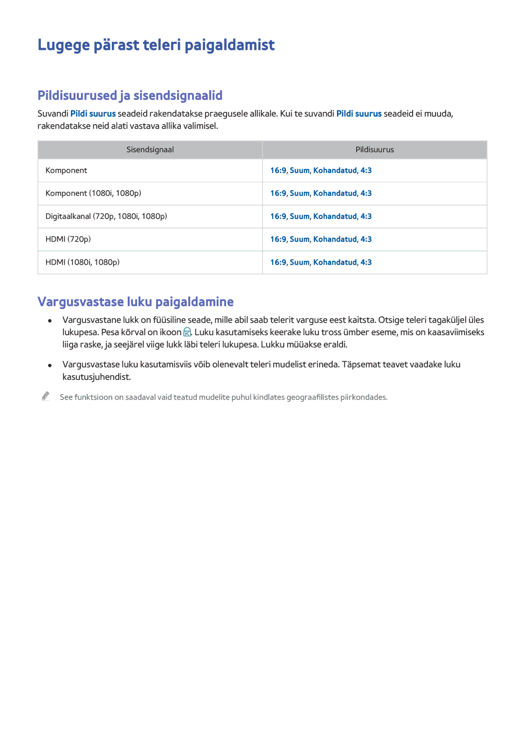 Samsung UE50J5550SUXZG manual Lugege pärast teleri paigaldamist, Pildisuurused ja sisendsignaalid, 169, Suum, Kohandatud 