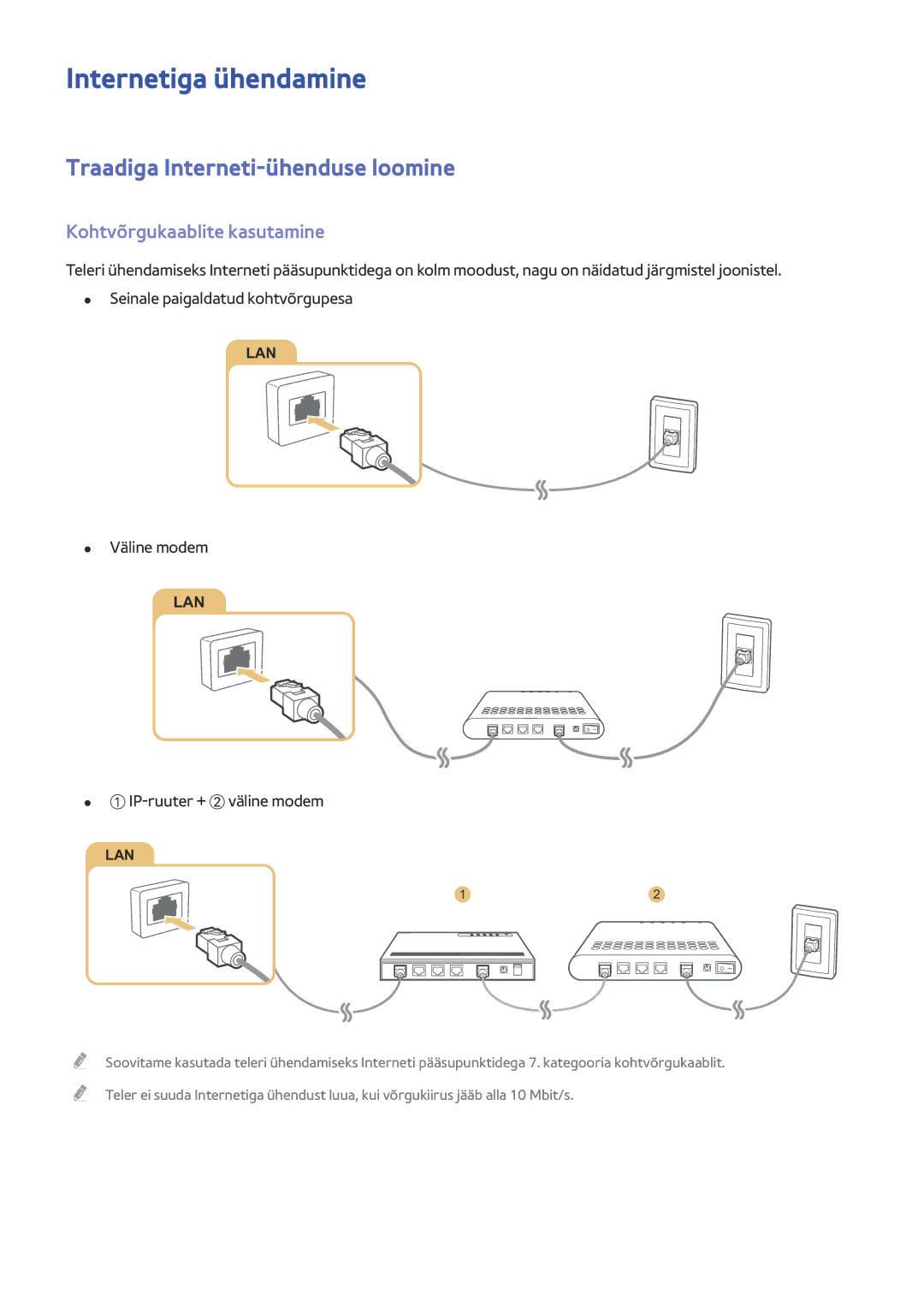 Samsung UE48J6202AKXXH manual Internetiga ühendamine, Traadiga Interneti-ühenduse loomine, Kohtvõrgukaablite kasutamine 