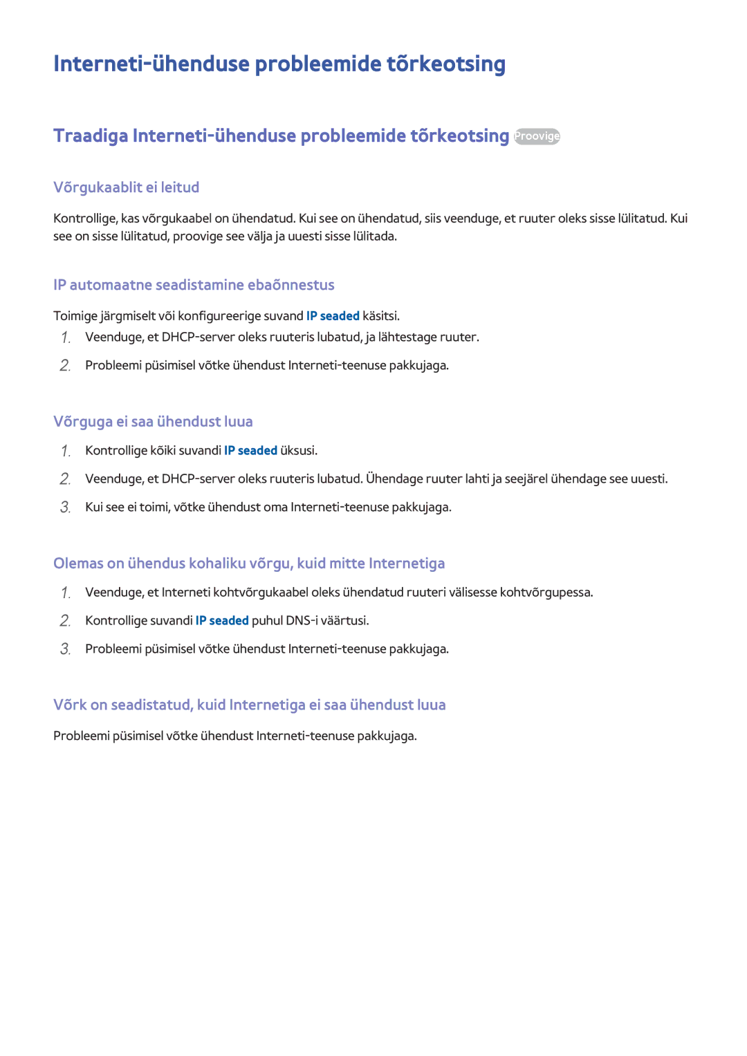 Samsung UE50J6202AKXXH, UE40J6250SUXZG, UE60J6250SUXZG, UE50J6250SUXZG manual Interneti-ühenduse probleemide tõrkeotsing 