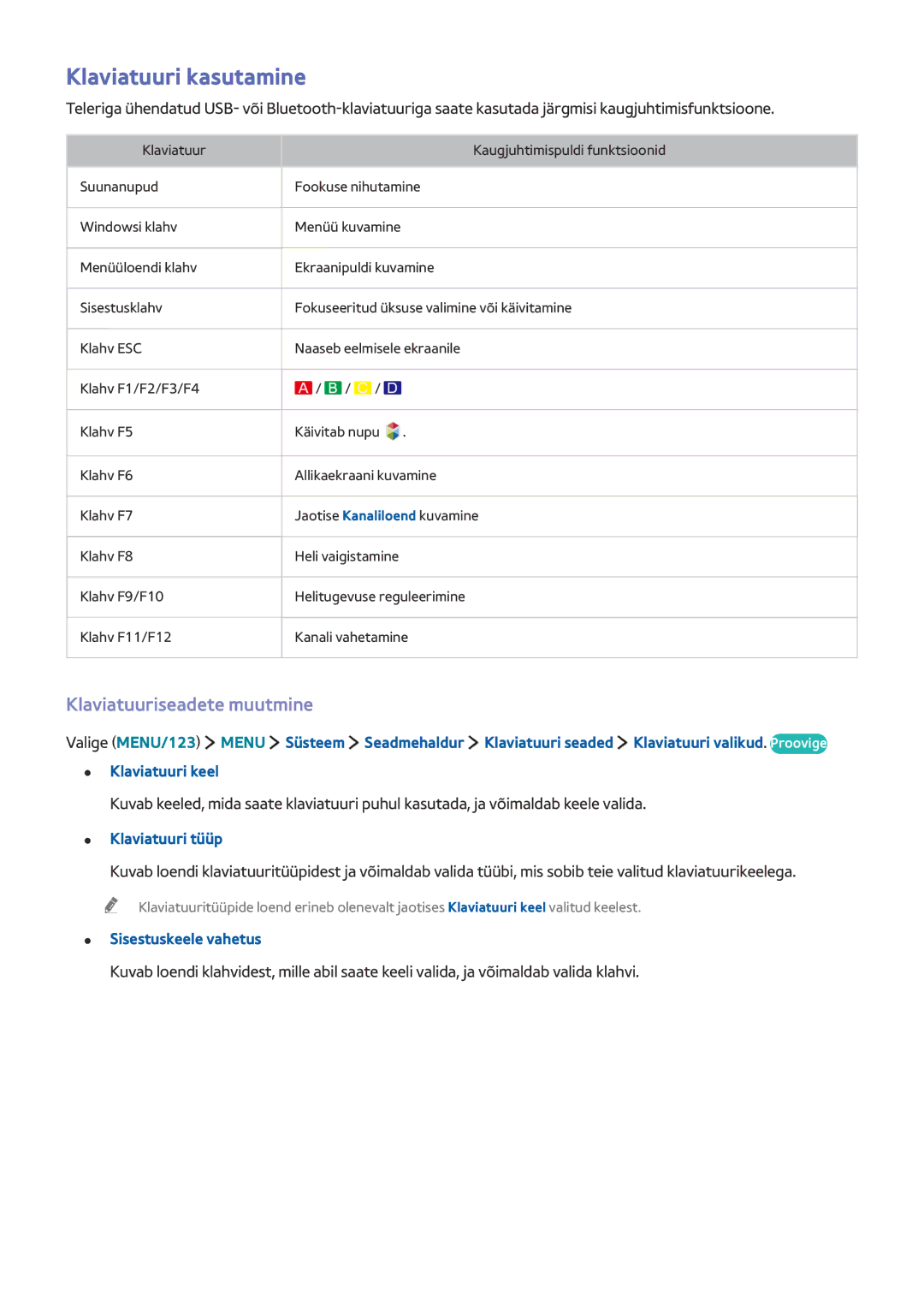 Samsung UE32J6250SUXZG manual Klaviatuuri kasutamine, Klaviatuuriseadete muutmine, Klaviatuuri tüüp, Sisestuskeele vahetus 