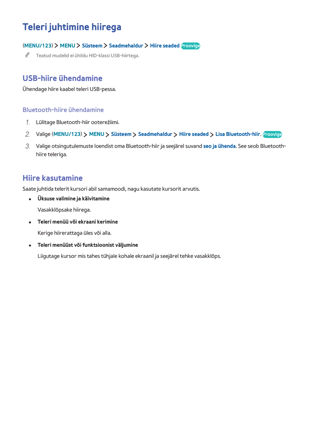 Samsung UE32J6350SUXZG manual Teleri juhtimine hiirega, USB-hiire ühendamine, Hiire kasutamine, Bluetooth-hiire ühendamine 