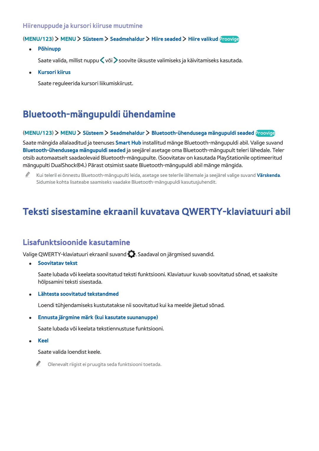 Samsung UE50J5550SUXZG, UE40J6250SUXZG, UE60J6250SUXZG manual Bluetooth-mängupuldi ühendamine, Lisafunktsioonide kasutamine 