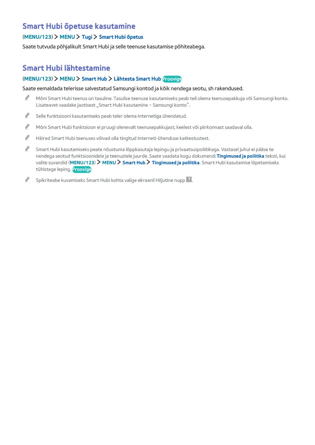 Samsung UE43J5550SUXZG manual Smart Hubi õpetuse kasutamine, Smart Hubi lähtestamine, MENU/123 Menu Tugi Smart Hubi õpetus 