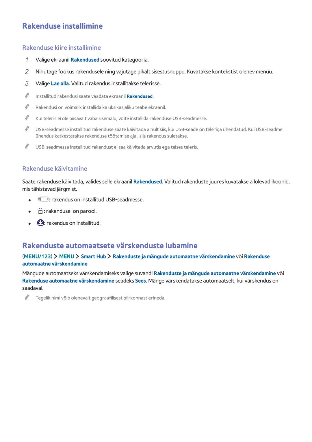 Samsung UE55J6302AKXXH Rakenduse installimine, Rakenduste automaatsete värskenduste lubamine, Rakenduse kiire installimine 