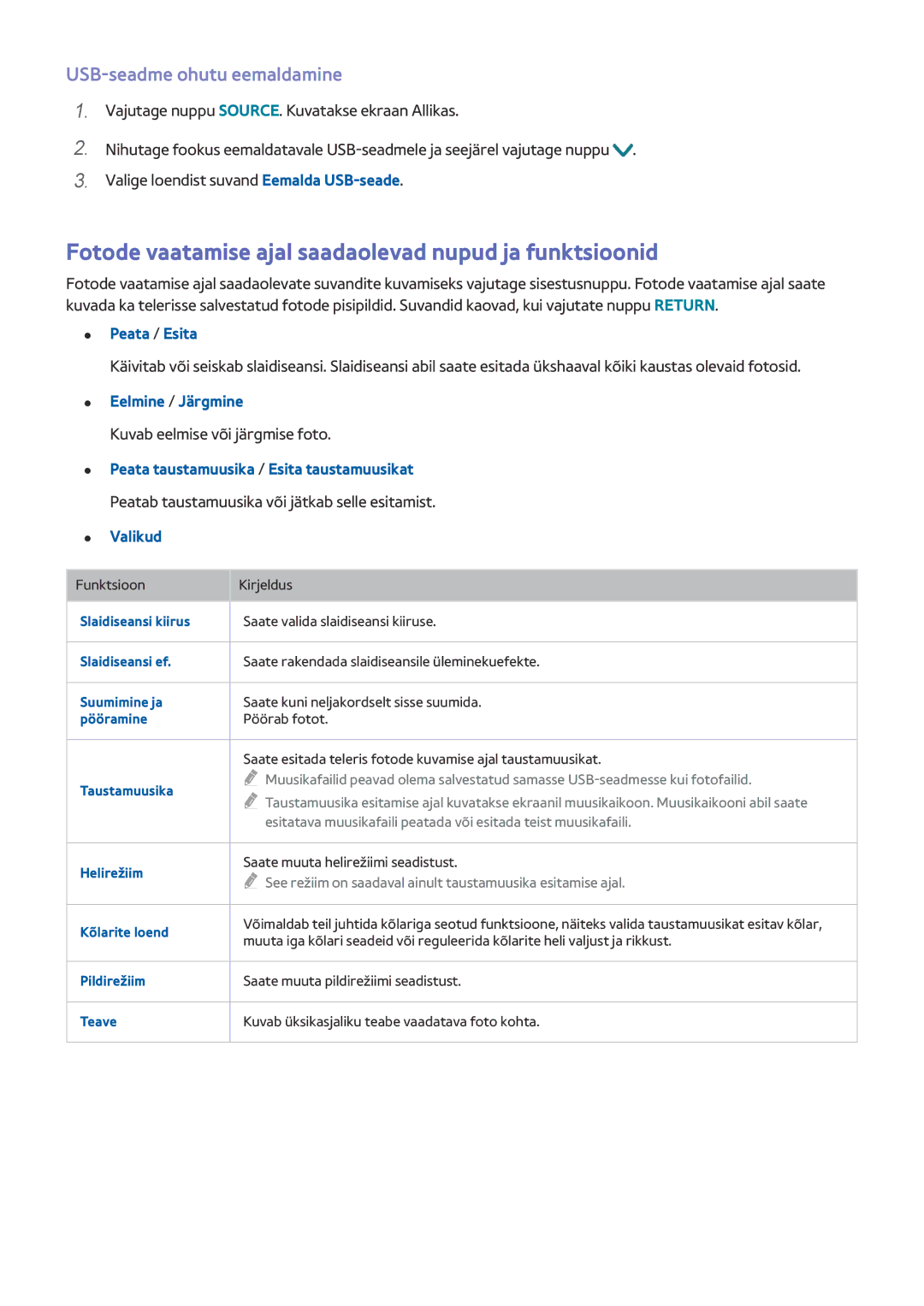 Samsung UE32J6302AKXXH manual Fotode vaatamise ajal saadaolevad nupud ja funktsioonid, USB-seadme ohutu eemaldamine 