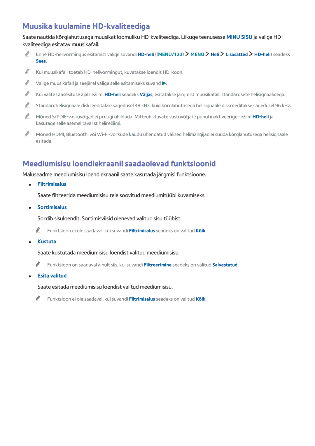Samsung UE55J6202AKXXH manual Muusika kuulamine HD-kvaliteediga, Meediumisisu loendiekraanil saadaolevad funktsioonid 