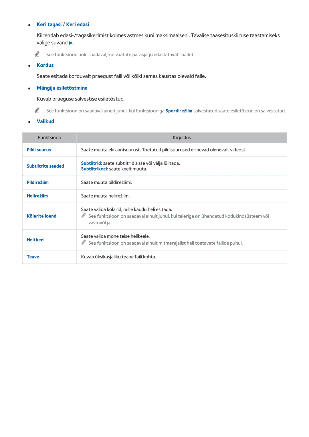 Samsung UE48J6250SUXZG, UE40J6250SUXZG Mängija esiletõstmine, Kuvab praeguse salvestise esiletõstud, Subtiitrite seaded 