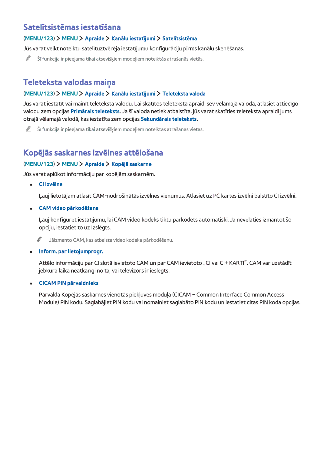 Samsung UE32J6302AKXXH manual Satelītsistēmas iestatīšana, Teleteksta valodas maiņa, Kopējās saskarnes izvēlnes attēlošana 