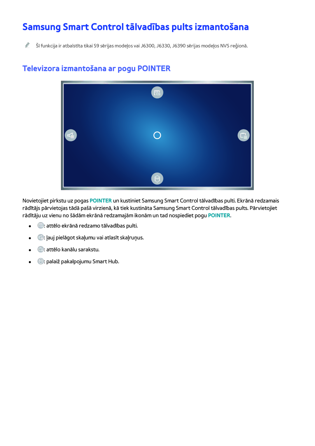 Samsung UE48J6350SUXZG manual Samsung Smart Control tālvadības pults izmantošana, Televizora izmantošana ar pogu Pointer 