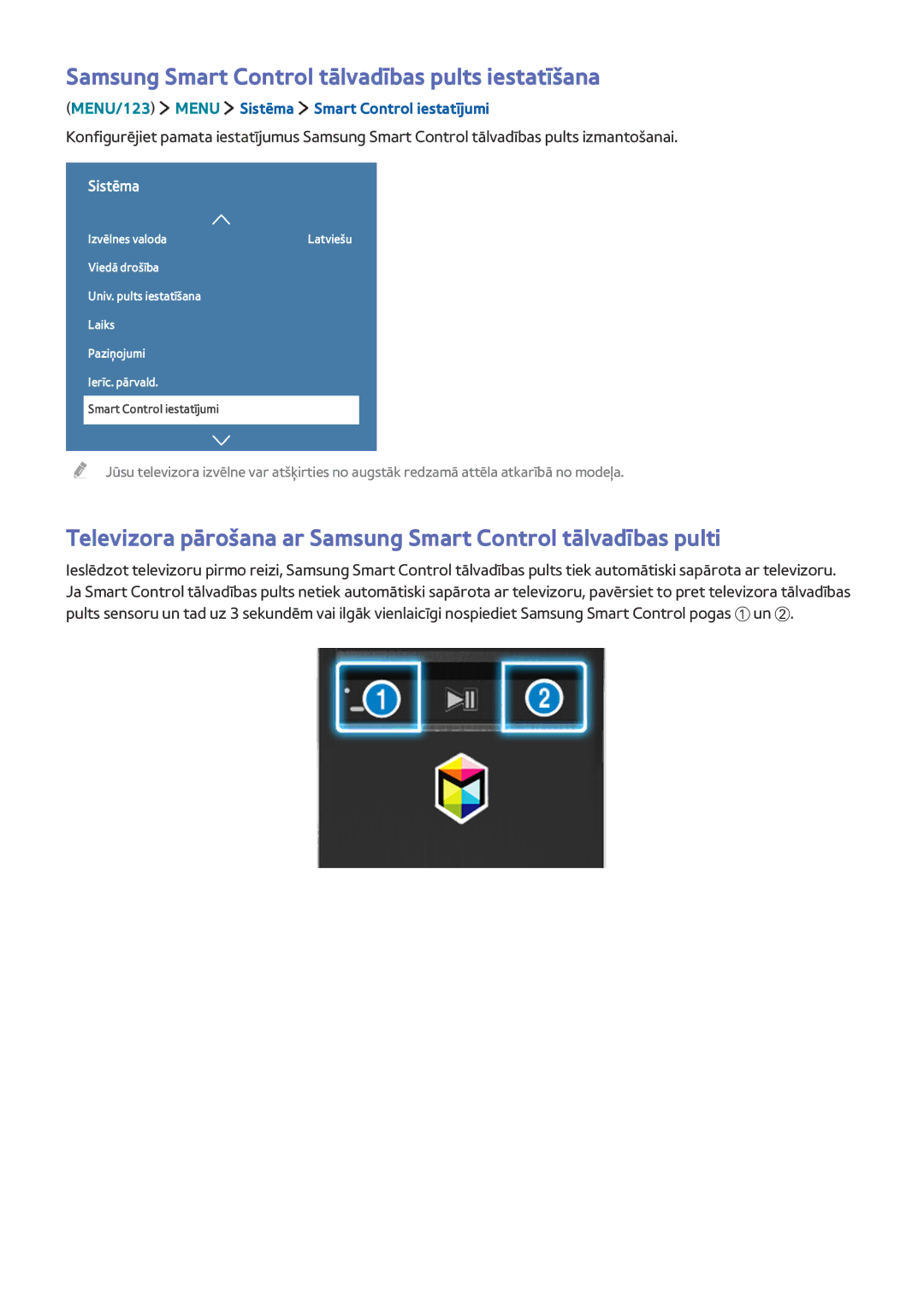 Samsung UE40J6302AKXXH Samsung Smart Control tālvadības pults iestatīšana, MENU/123 Menu Sistēma Smart Control iestatījumi 