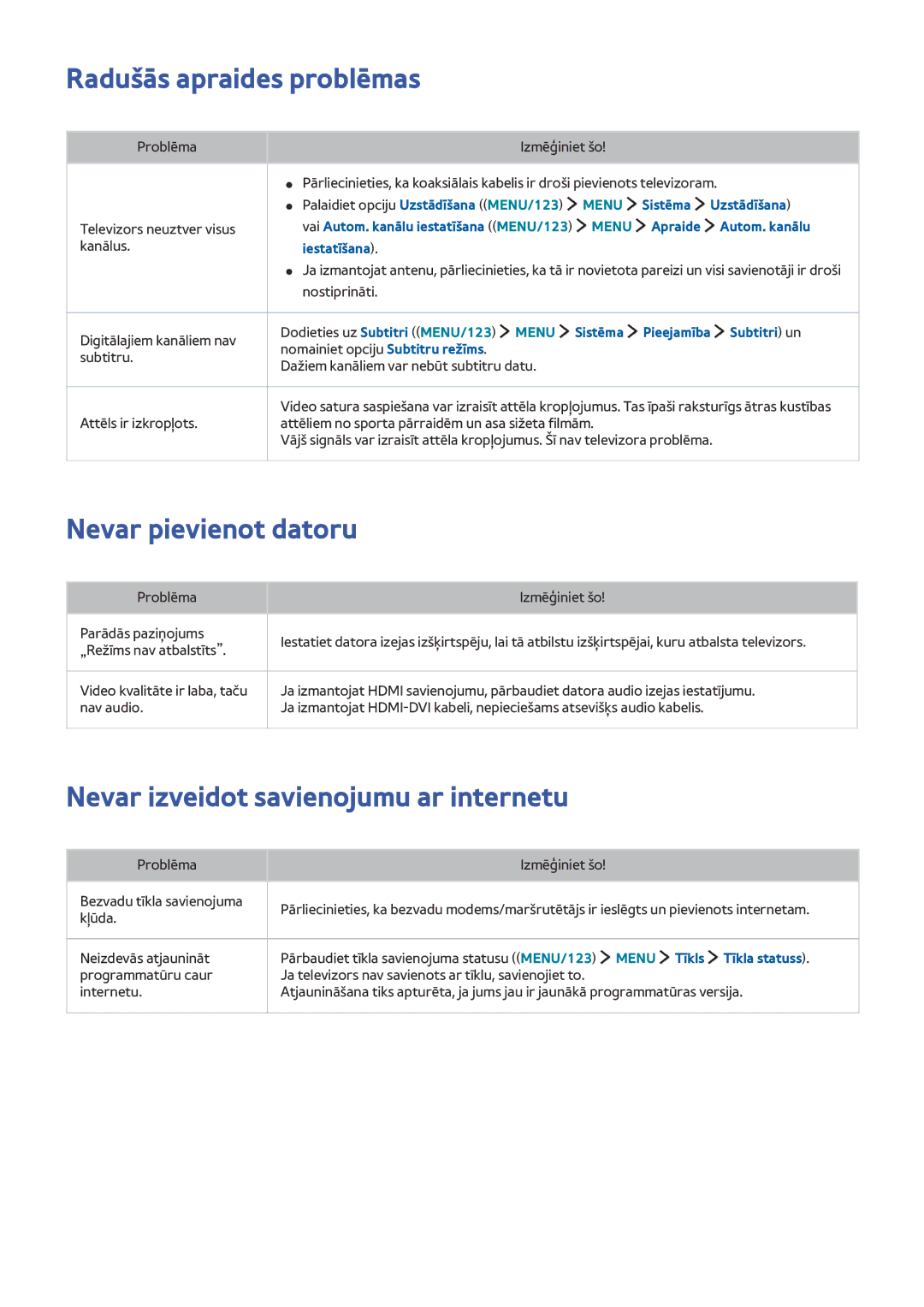 Samsung UE48J5512AKXXH manual Radušās apraides problēmas, Nevar pievienot datoru, Nevar izveidot savienojumu ar internetu 