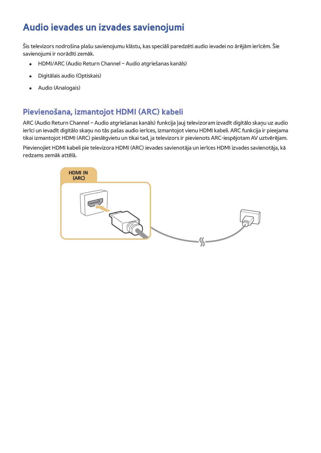 Samsung UE55J5502AKXXH, UE40J6250SUXZG manual Audio ievades un izvades savienojumi, Pievienošana, izmantojot Hdmi ARC kabeli 