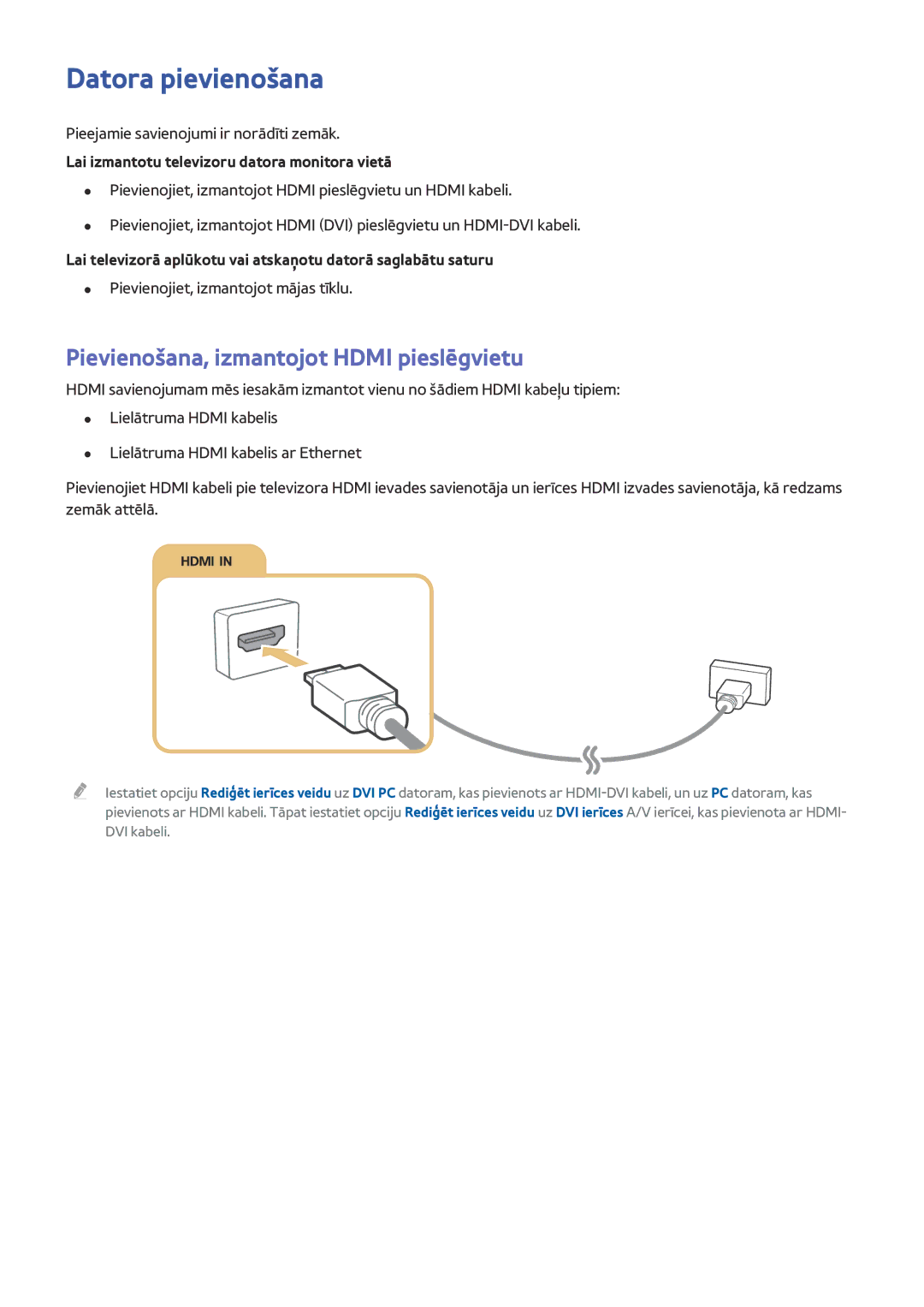 Samsung UE40J5512AKXXH, UE40J6250SUXZG, UE60J6250SUXZG manual Datora pievienošana, Pievienošana, izmantojot Hdmi pieslēgvietu 