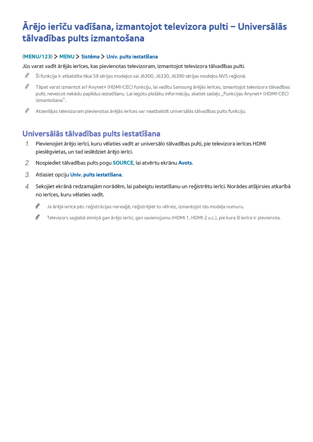 Samsung UE50J6250SUXZG manual Universālās tālvadības pults iestatīšana, MENU/123 Menu Sistēma Univ. pults iestatīšana 