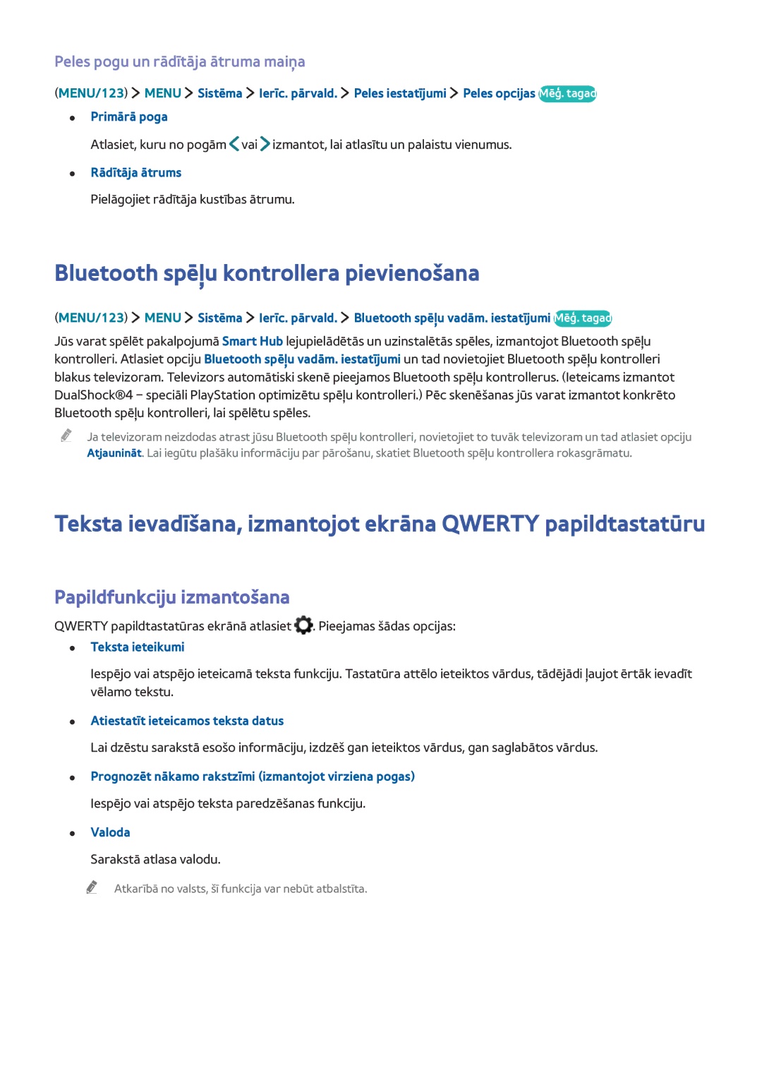 Samsung UE50J5550SUXZG, UE40J6250SUXZG, UE60J6250SUXZG Bluetooth spēļu kontrollera pievienošana, Papildfunkciju izmantošana 