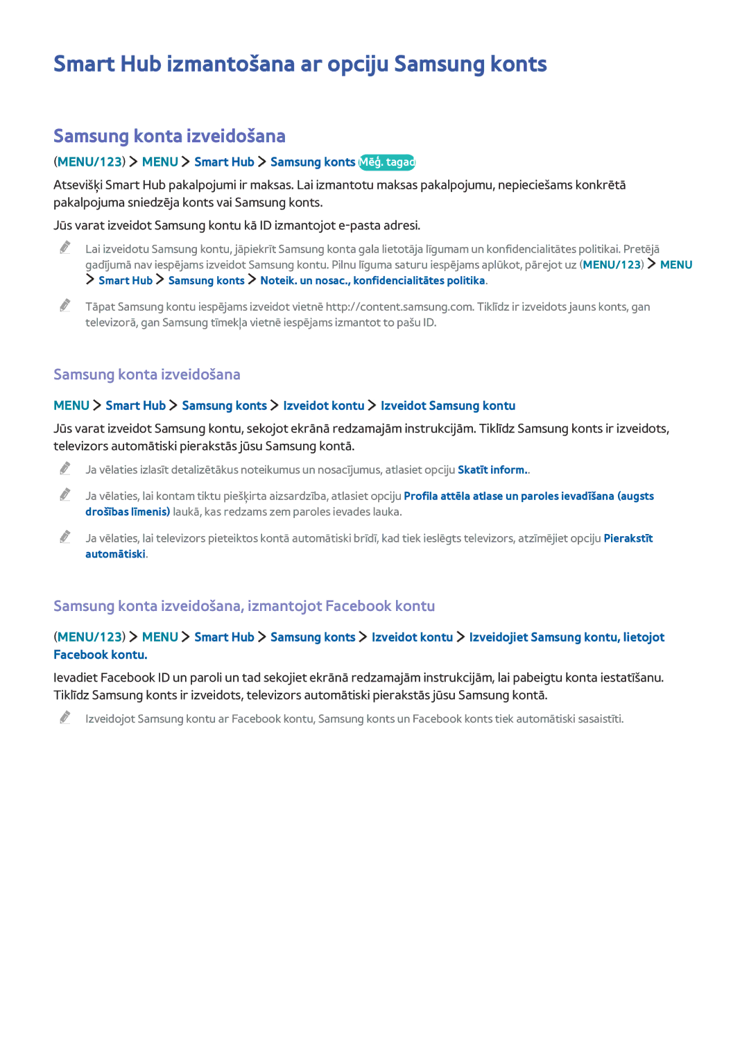 Samsung UE48J5550SUXZG, UE40J6250SUXZG manual Smart Hub izmantošana ar opciju Samsung konts, Samsung konta izveidošana 