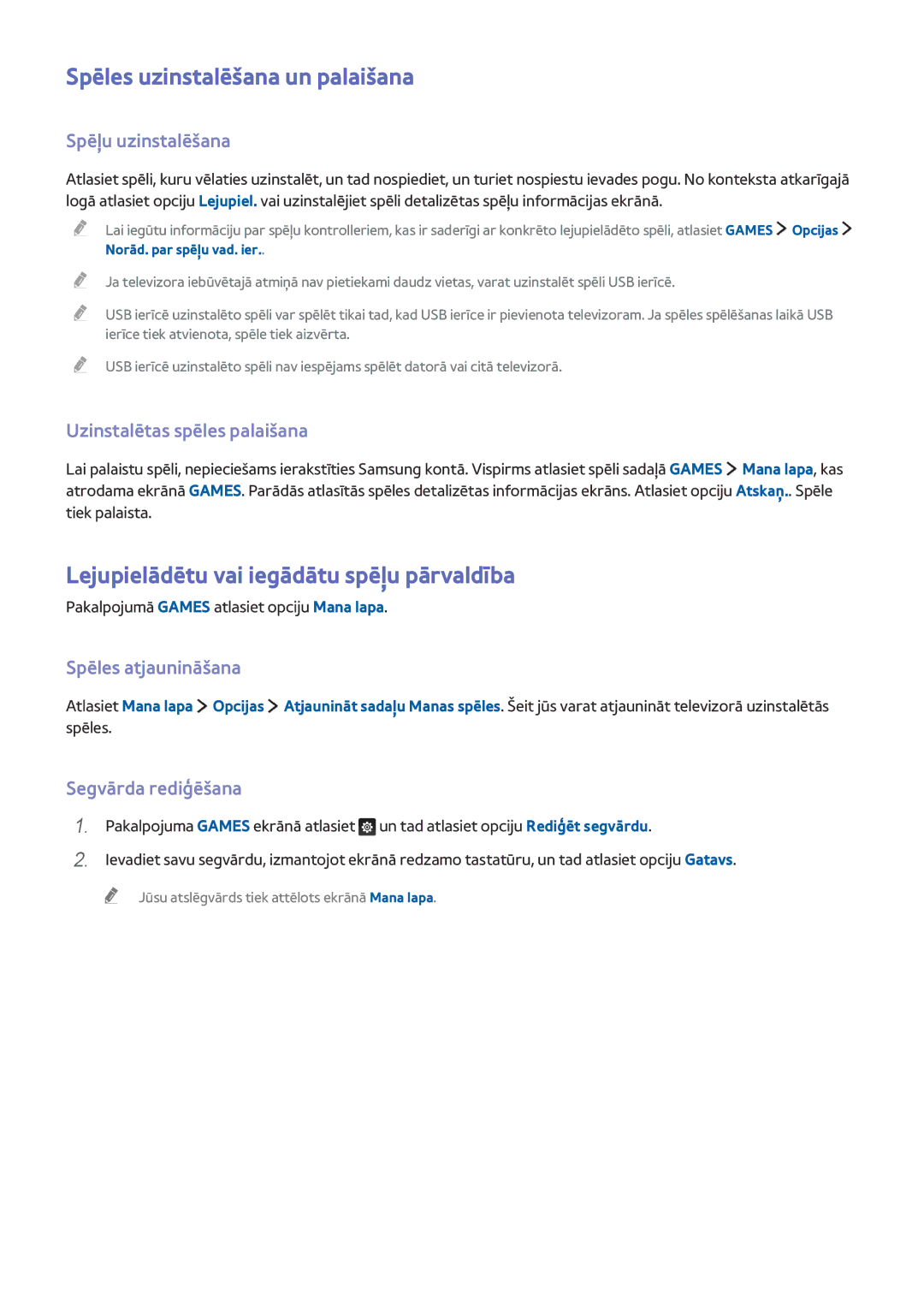 Samsung UE48J5502AKXXH, UE40J6250SUXZG manual Spēles uzinstalēšana un palaišana, Lejupielādētu vai iegādātu spēļu pārvaldība 