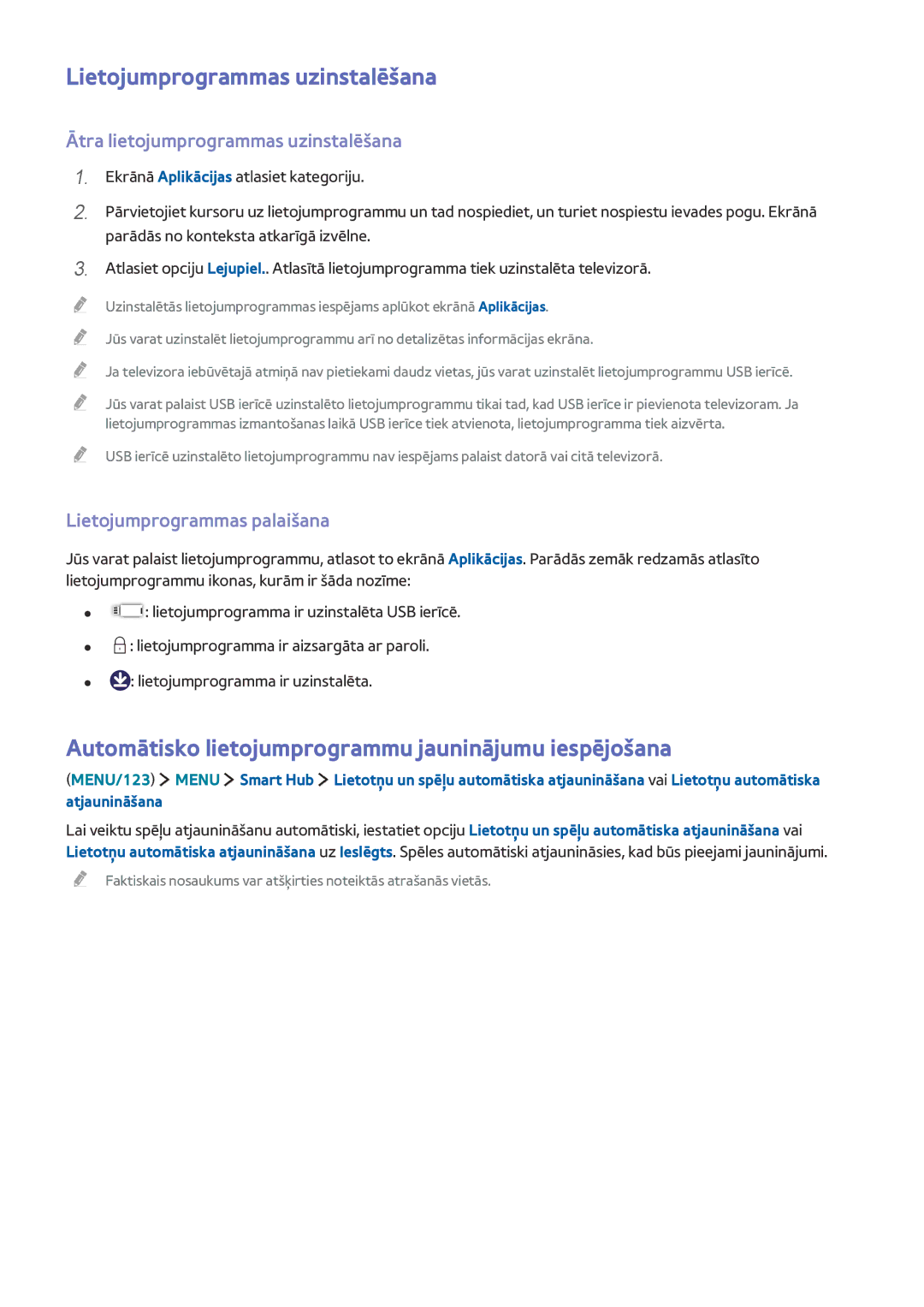 Samsung UE55J6302AKXXH manual Lietojumprogrammas uzinstalēšana, Automātisko lietojumprogrammu jauninājumu iespējošana 