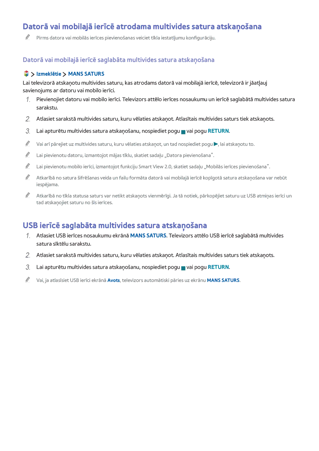 Samsung UE48J6302AKXXH, UE40J6250SUXZG manual USB ierīcē saglabāta multivides satura atskaņošana, Izmeklētie Mans Saturs 