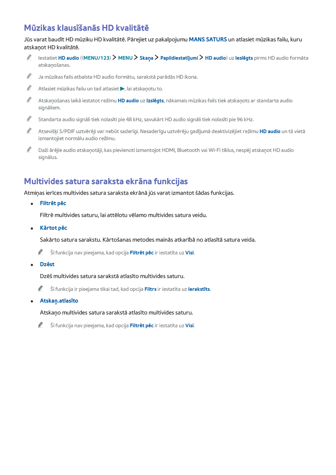 Samsung UE55J6202AKXXH, UE40J6250SUXZG manual Mūzikas klausīšanās HD kvalitātē, Multivides satura saraksta ekrāna funkcijas 