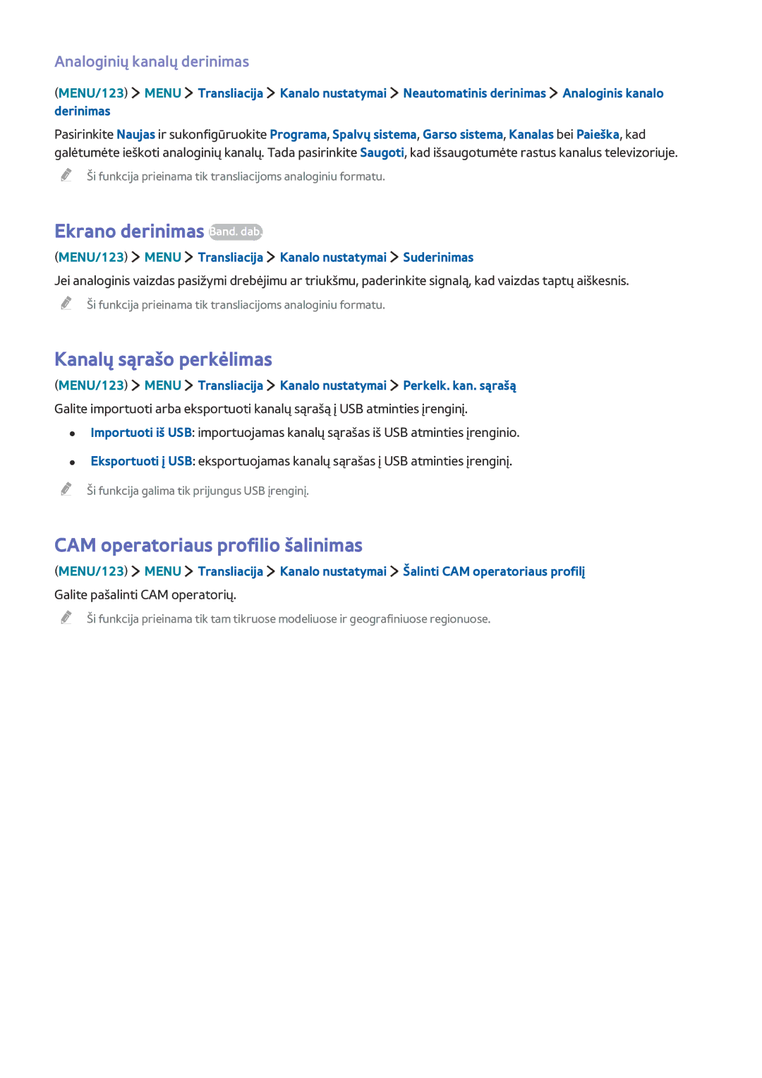 Samsung UE48J6302AKXXH manual Ekrano derinimas Band. dab, Kanalų sąrašo perkėlimas, CAM operatoriaus profilio šalinimas 