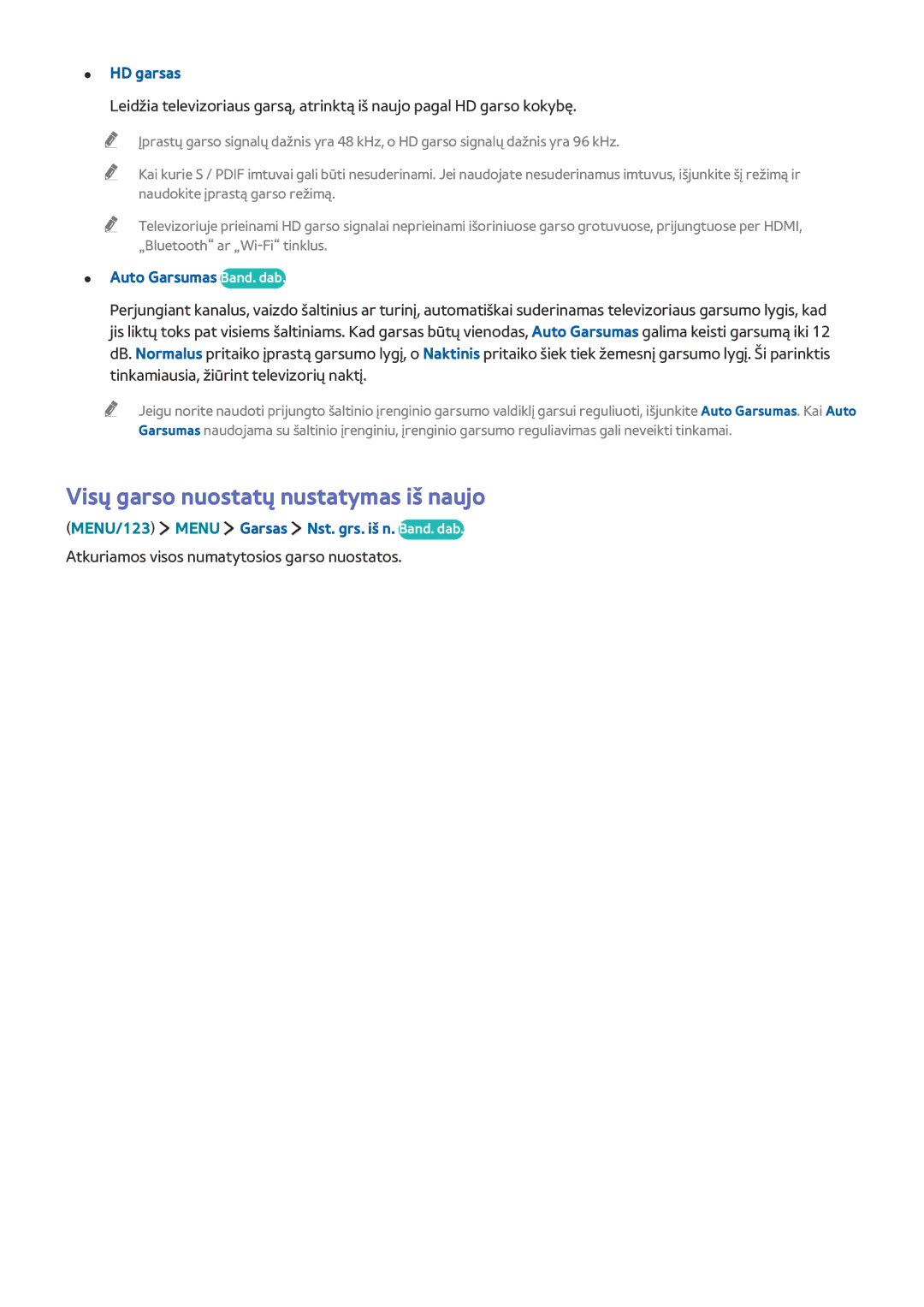Samsung UE55J5672SUXXH, UE40J6250SUXZG manual Visų garso nuostatų nustatymas iš naujo, HD garsas, Auto Garsumas Band. dab 
