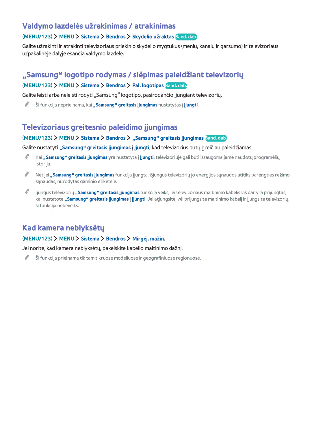 Samsung UE40J6302AKXXH manual Valdymo lazdelės užrakinimas / atrakinimas, Televizoriaus greitesnio paleidimo įjungimas 