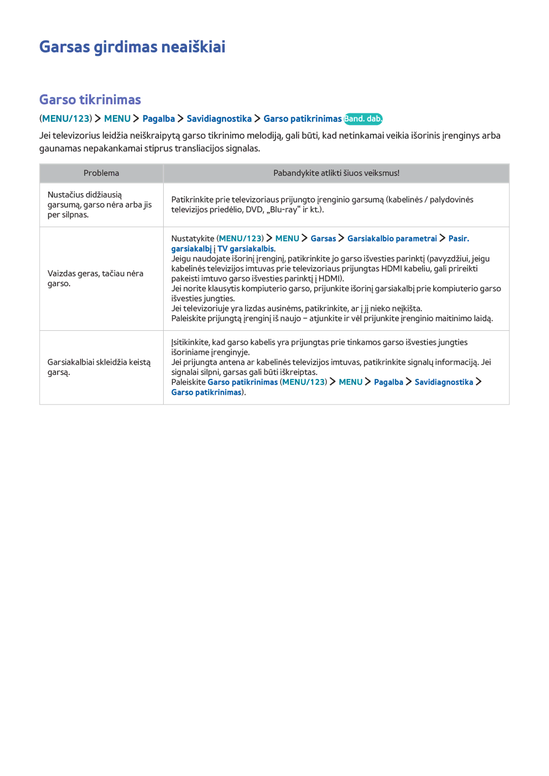 Samsung UE55J5502AKXXH, UE40J6250SUXZG, UE60J6250SUXZG, UE50J6250SUXZG manual Garsas girdimas neaiškiai, Garso tikrinimas 