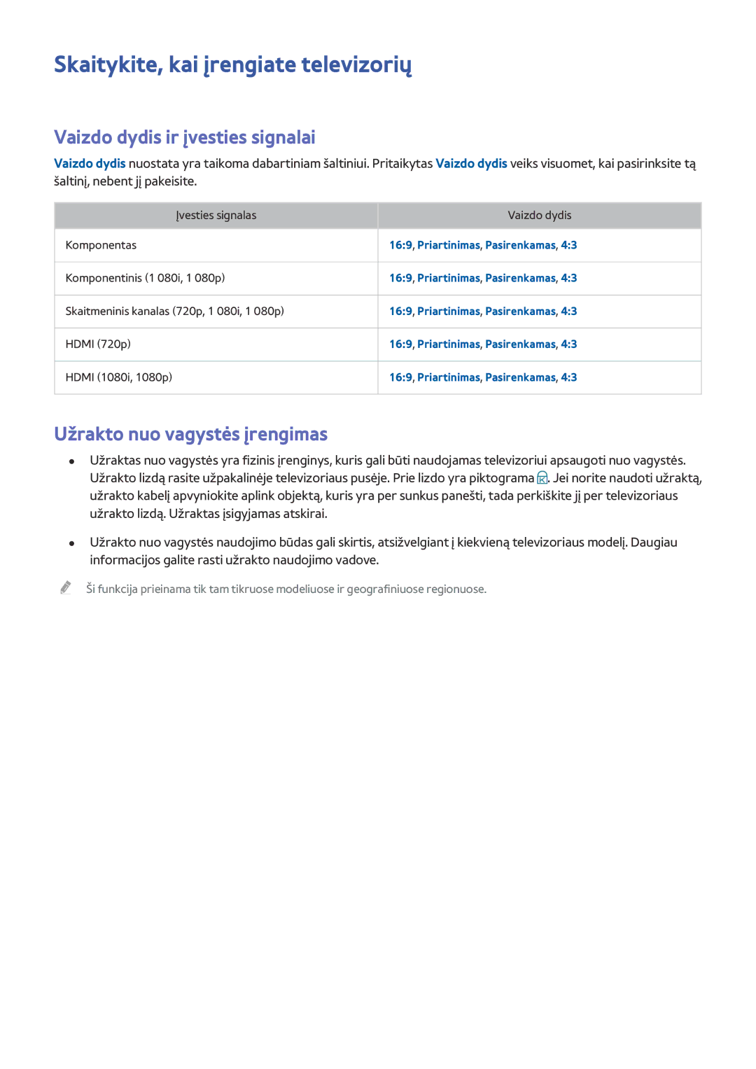 Samsung UE50J5550SUXZG, UE40J6250SUXZG manual Skaitykite, kai įrengiate televizorių, Vaizdo dydis ir įvesties signalai 