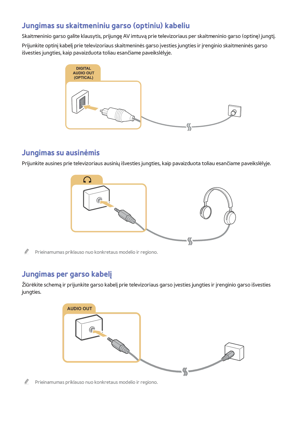 Samsung UE48J5512AKXXH Jungimas su skaitmeniniu garso optiniu kabeliu, Jungimas su ausinėmis, Jungimas per garso kabelį 