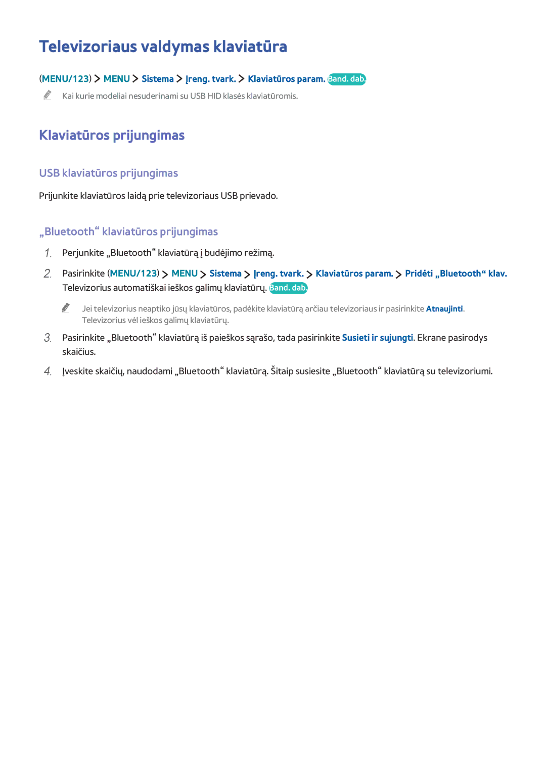 Samsung UE48J6250SUXZG manual Televizoriaus valdymas klaviatūra, Klaviatūros prijungimas, USB klaviatūros prijungimas 
