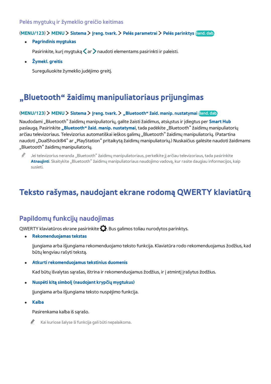 Samsung UE50J5550SUXZG, UE40J6250SUXZG manual „Bluetooth žaidimų manipuliatoriaus prijungimas, Papildomų funkcijų naudojimas 