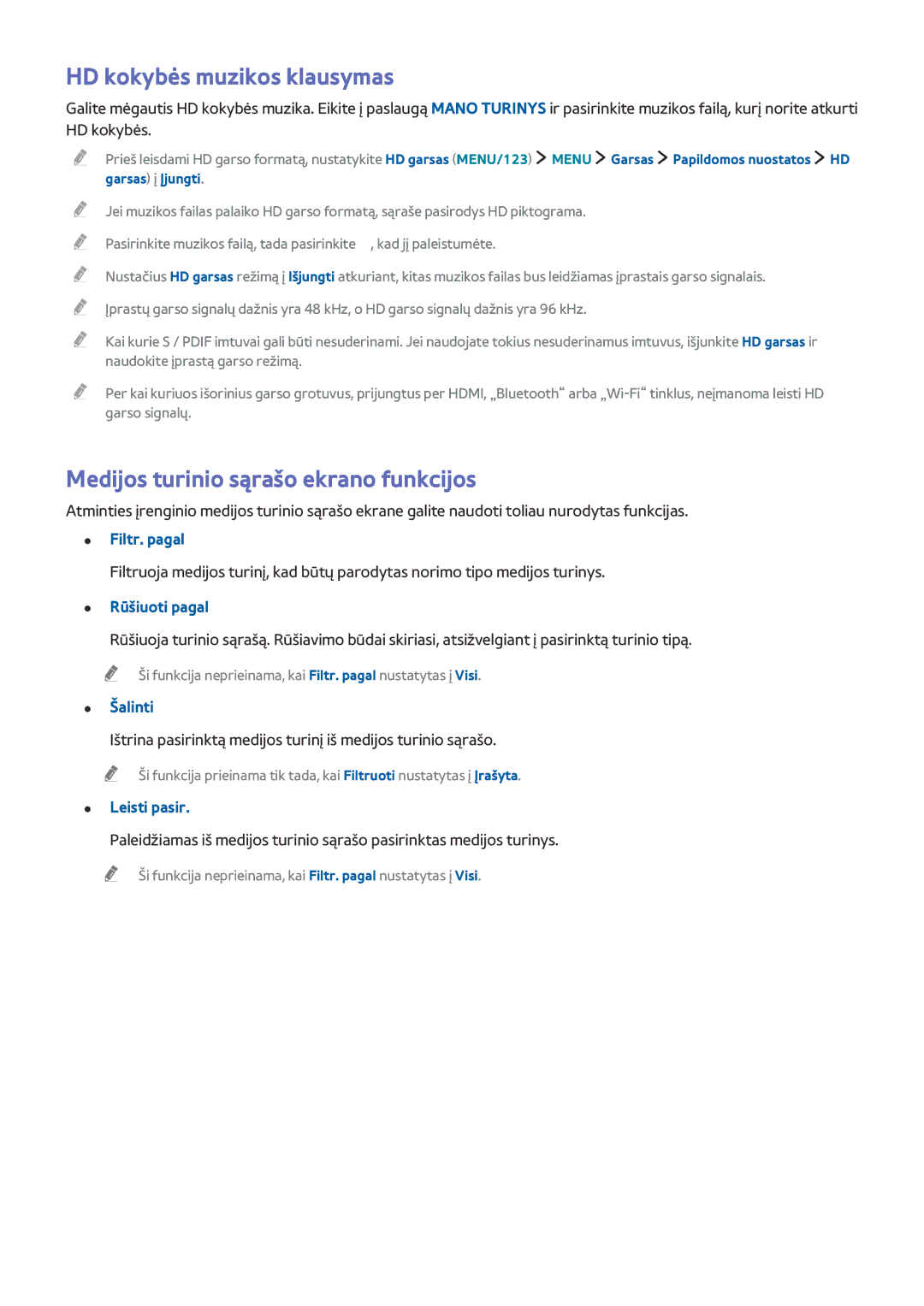Samsung UE55J6202AKXXH, UE40J6250SUXZG manual HD kokybės muzikos klausymas, Medijos turinio sąrašo ekrano funkcijos 