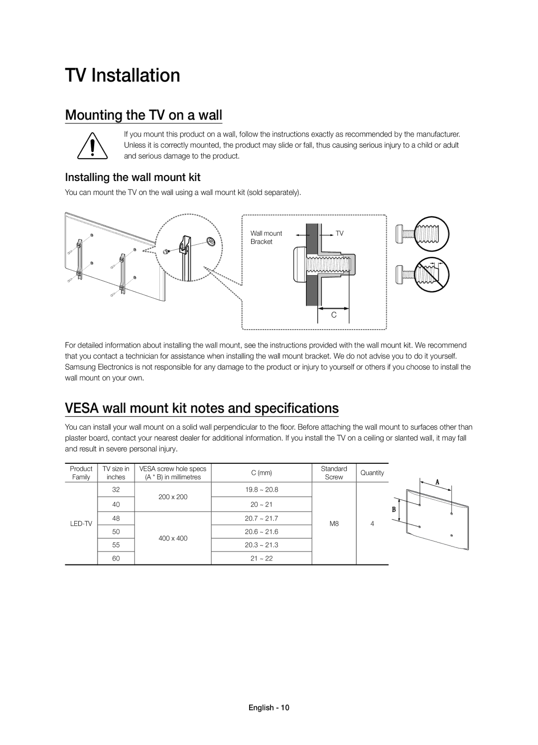 Samsung UE60J6270SUXZG manual TV Installation, Mounting the TV on a wall, Vesa wall mount kit notes and specifications 