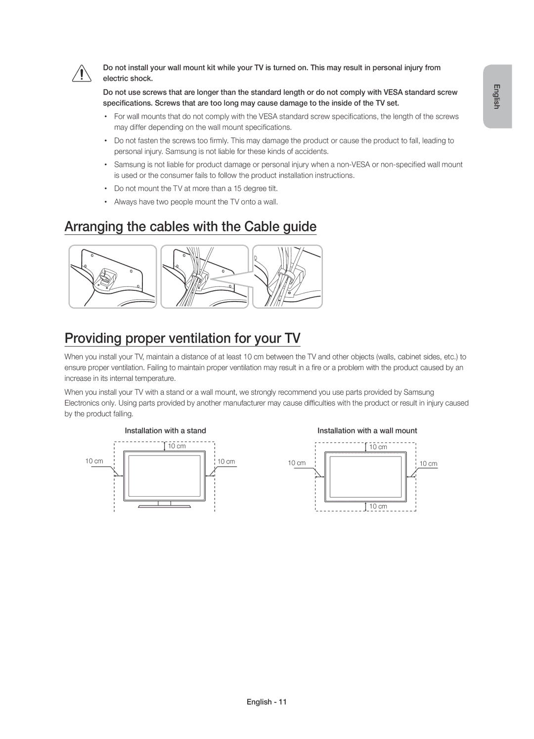 Samsung UE55J6270SUXZG, UE40J6250SUXZG May differ depending on the wall mount specifications, Installation with a stand 