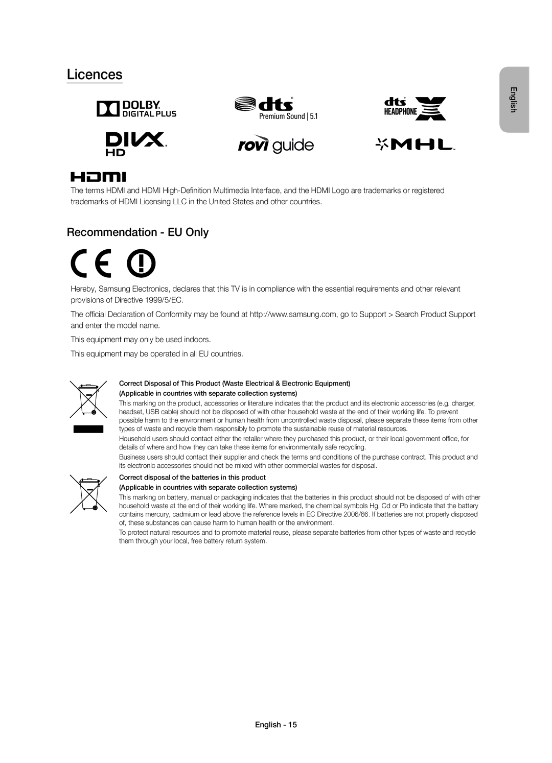 Samsung UE50J6250SUXZG, UE40J6250SUXZG, UE60J6250SUXZG, UE55J6250SUXZG, UE48J6250SUXZG manual Licences, Recommendation EU Only 