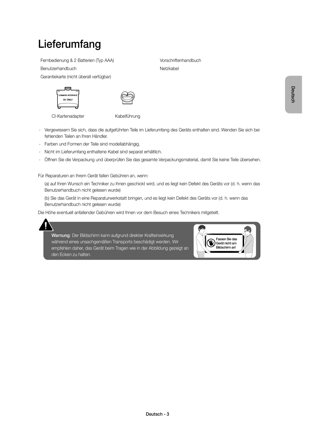 Samsung UE48J6250SUXZG, UE40J6250SUXZG, UE60J6250SUXZG, UE50J6250SUXZG Lieferumfang, Fernbedienung & 2 Batterien Typ AAA 